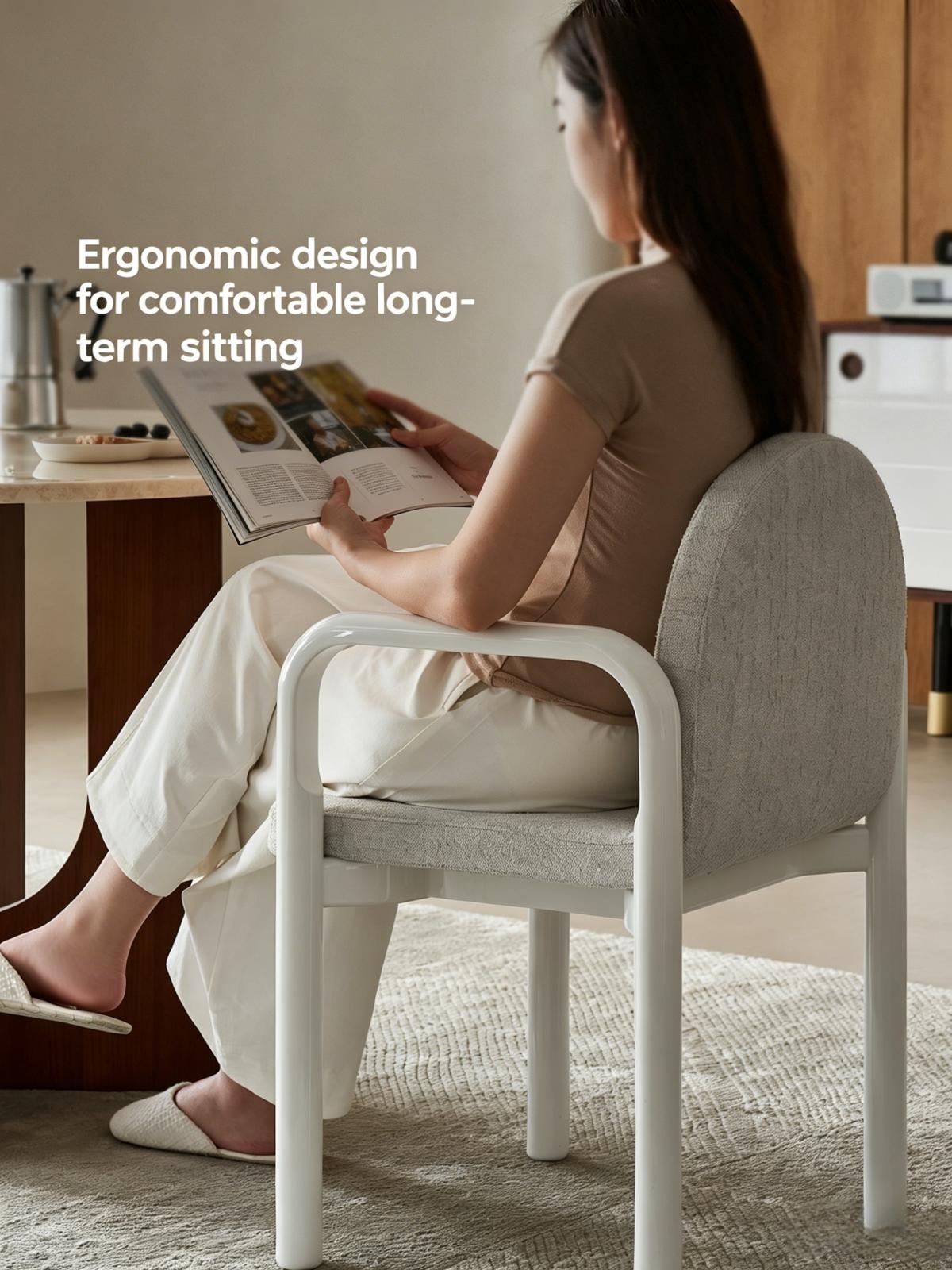 Qingci Dining Chair – French Vintage Lacquered Solid Wood, Minimalist Home, Chenille Upholstered High Back