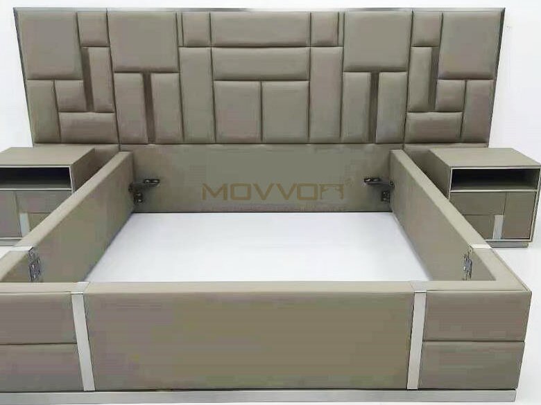 Beige Upholstered Bed with Integrated Nightstands for Contemporary Bedrooms