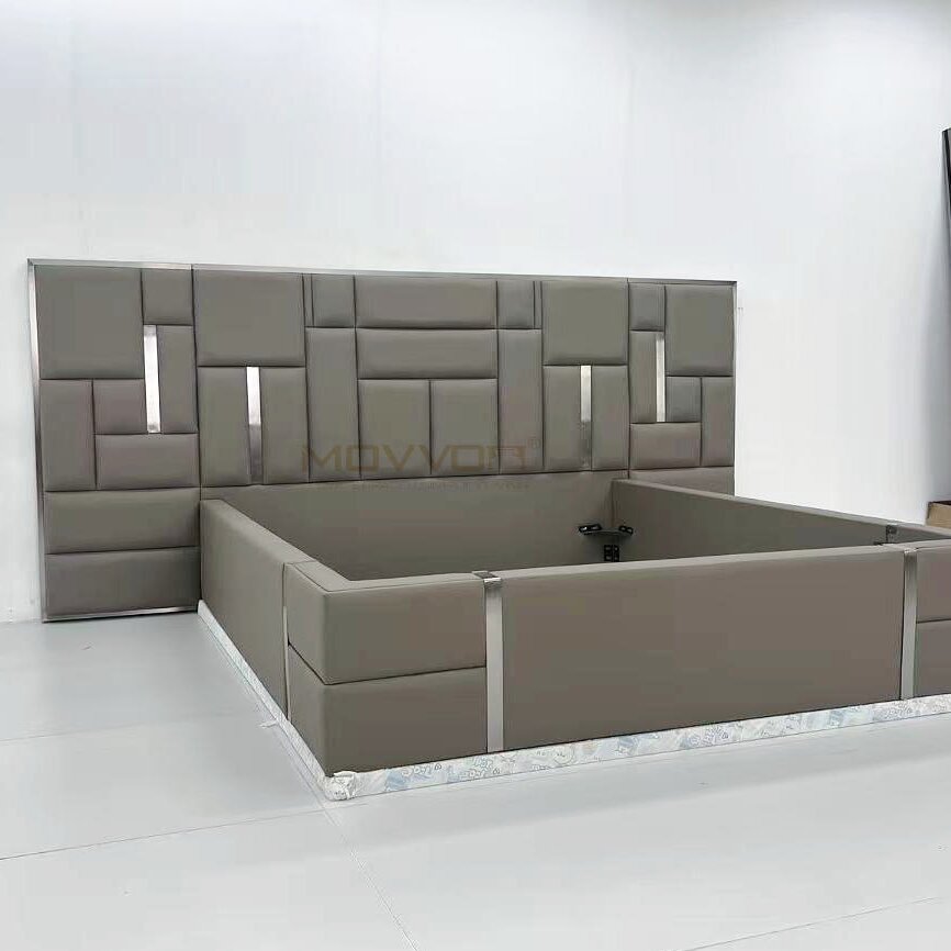 Beige Upholstered Bed with Integrated Nightstands for Contemporary Bedrooms