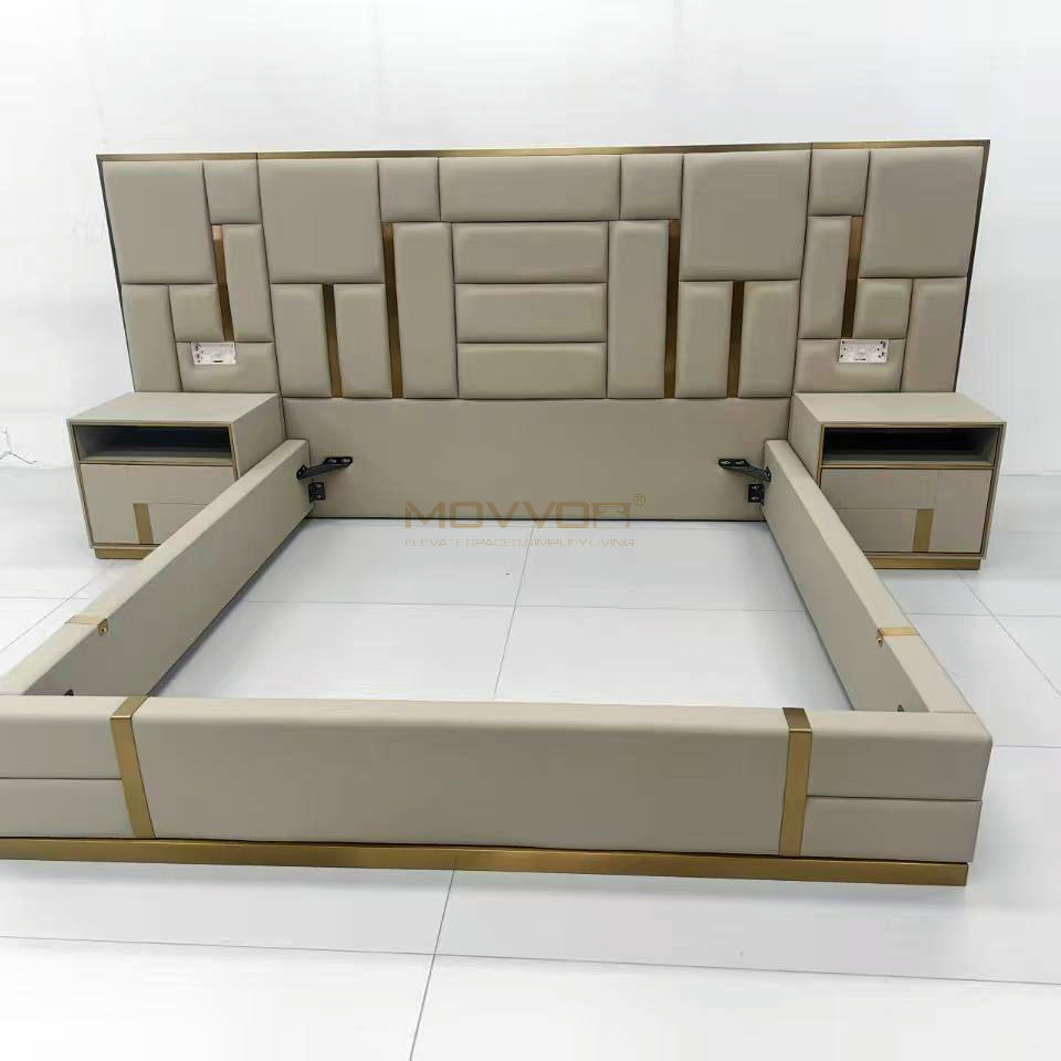 Beige Upholstered Bed with Integrated Nightstands for Contemporary Bedrooms