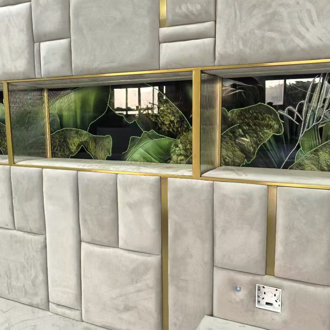 Grey Upholstered Bed with Decorative Glass Headboard Wall Panel