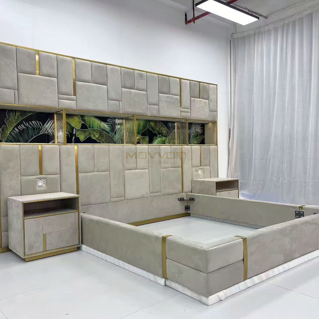 Grey Upholstered Bed with Decorative Glass Headboard Wall Panel