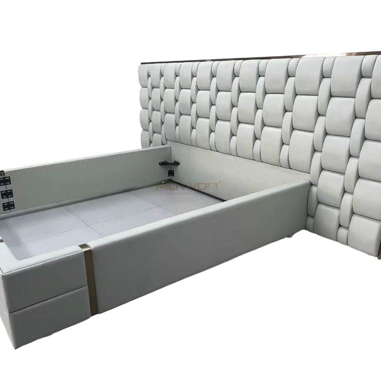 White Woven Upholstered Bed with Low Platform Frame and Gold Accents