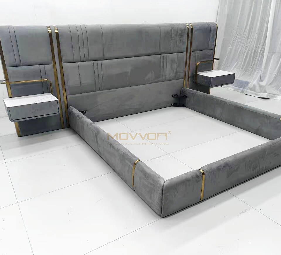 Upholstered Bed with Floating Nightstands and Gold Frame Details