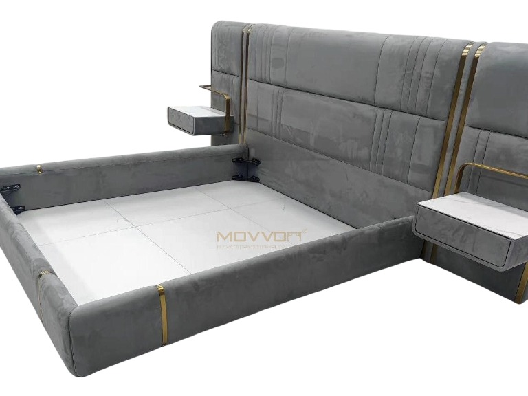 Upholstered Bed with Floating Nightstands and Gold Frame Details