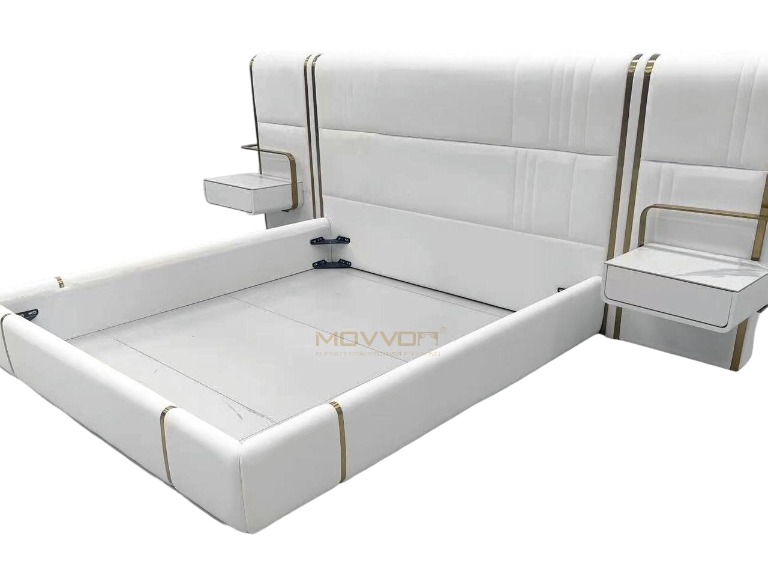 Upholstered Bed with Floating Nightstands and Gold Frame Details