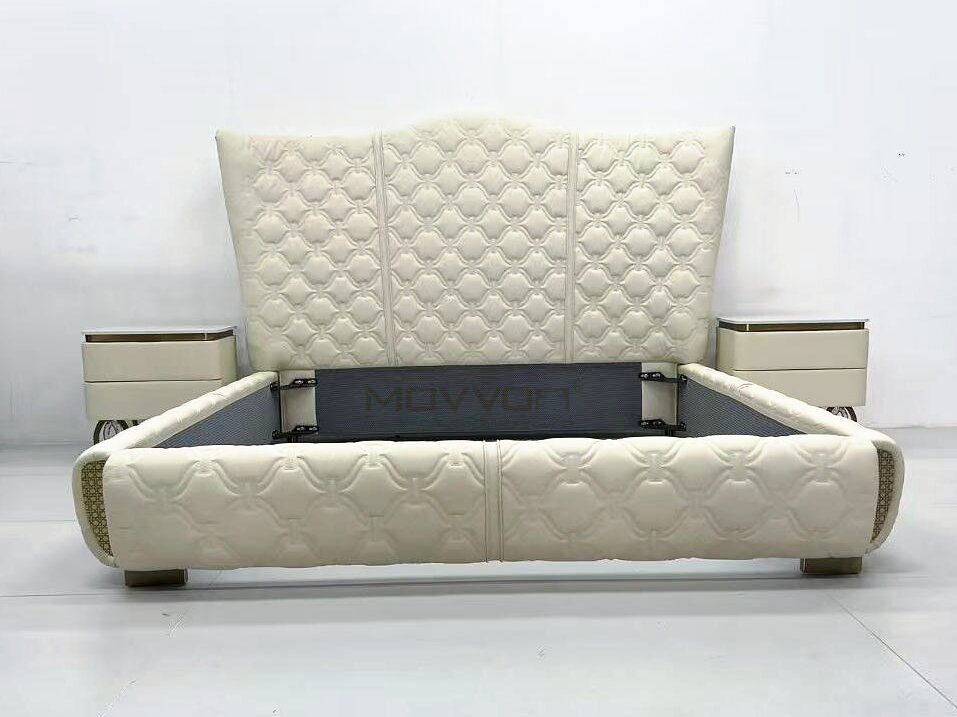 Quilted Upholstered Bed with Flared Headboard and Low Soft Frame