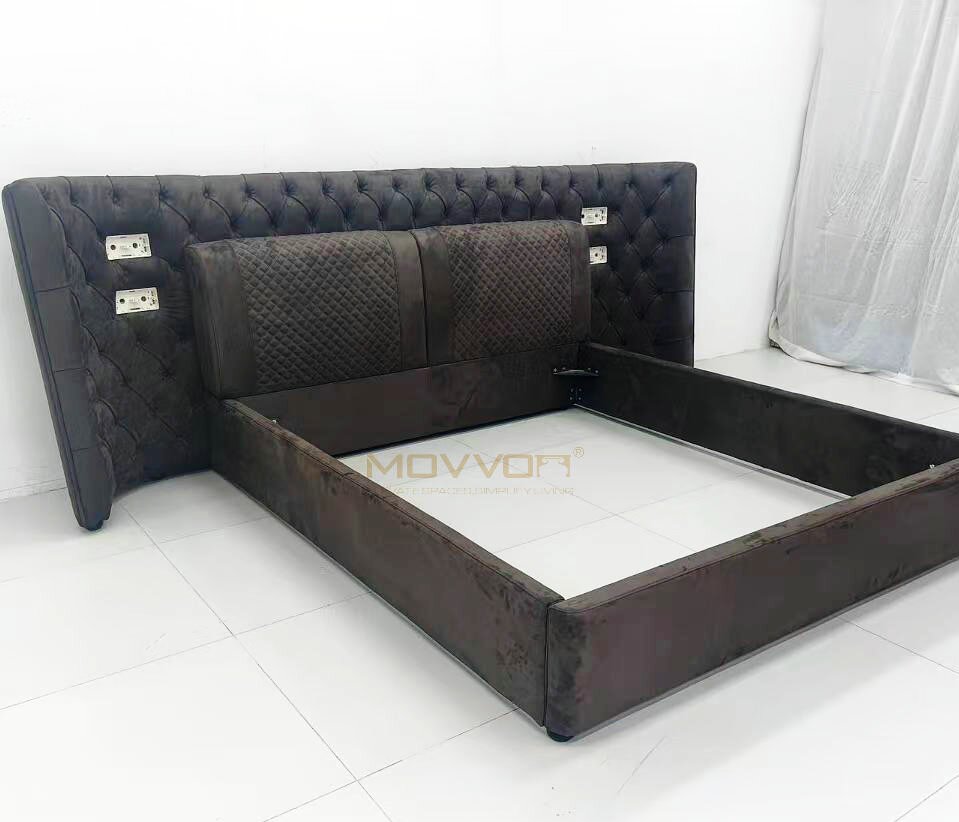 Dark Tufted Upholstered Bed with Quilted Backrest Panels