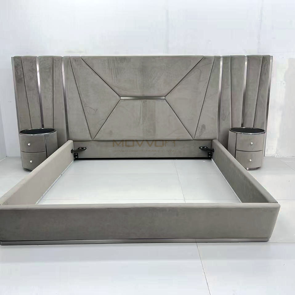 Grey Geometric Upholstered Bed with Wing Panels and Round Nightstands