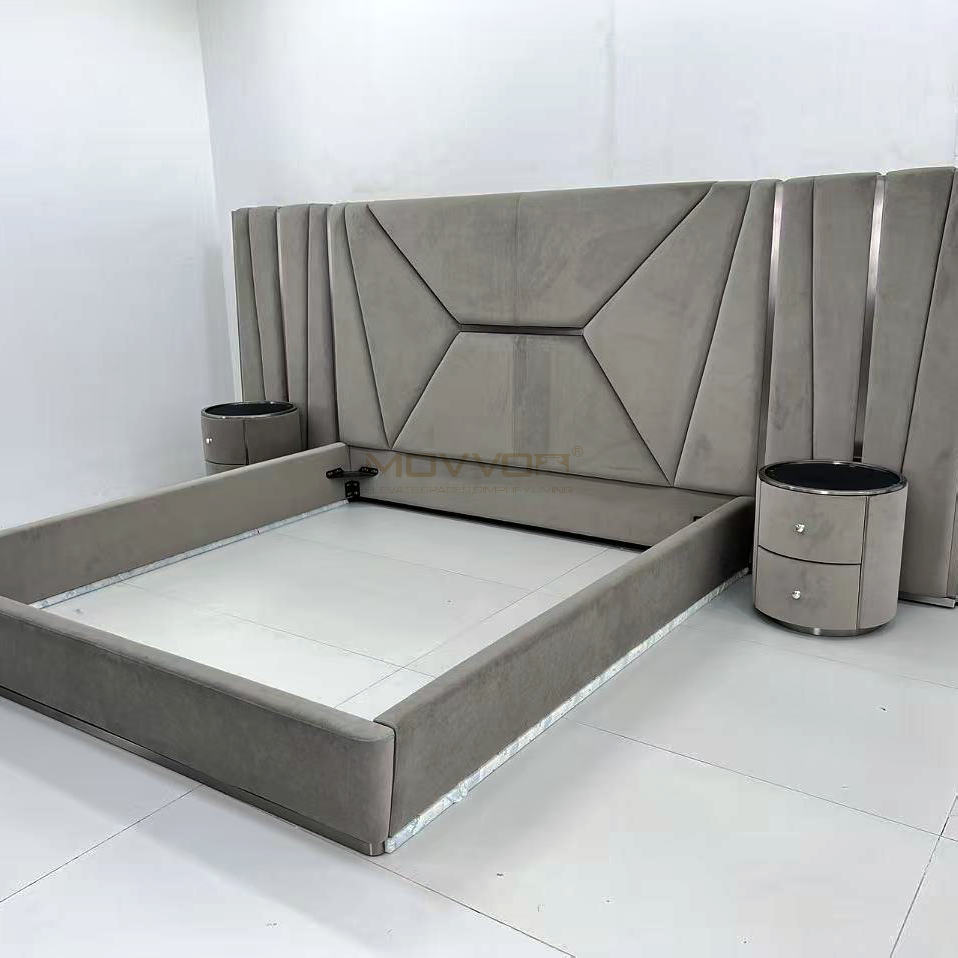 Grey Geometric Upholstered Bed with Wing Panels and Round Nightstands