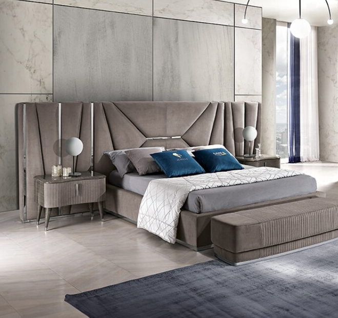 Grey Geometric Upholstered Bed with Wing Panels and Round Nightstands