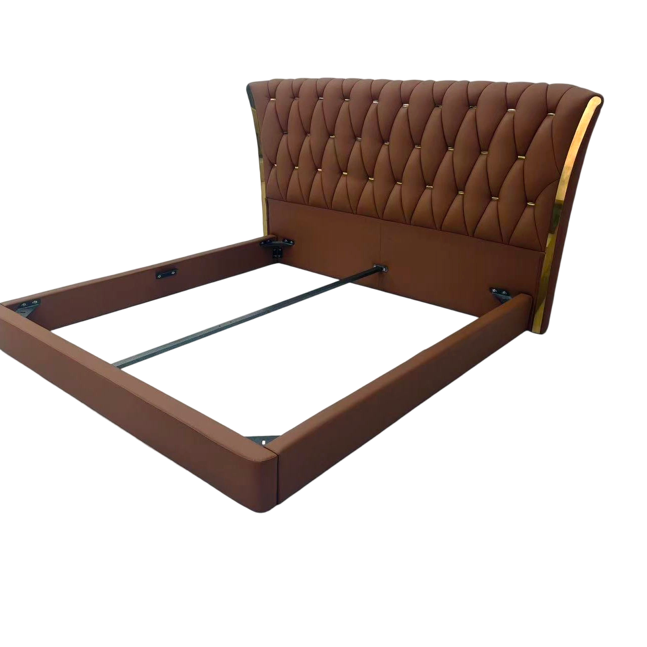 Cognac Brown Wingback Tufted Bed with Gold Side Trim