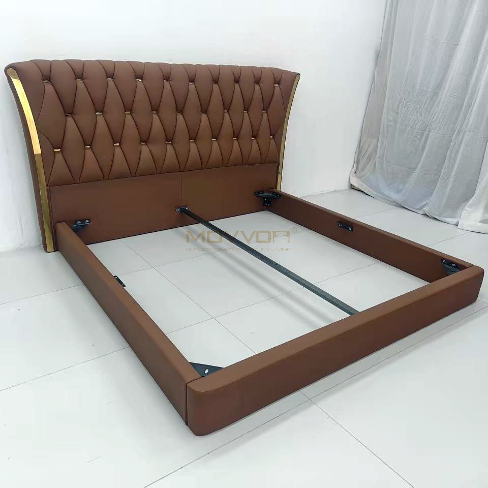 Cognac Brown Wingback Tufted Bed with Gold Side Trim