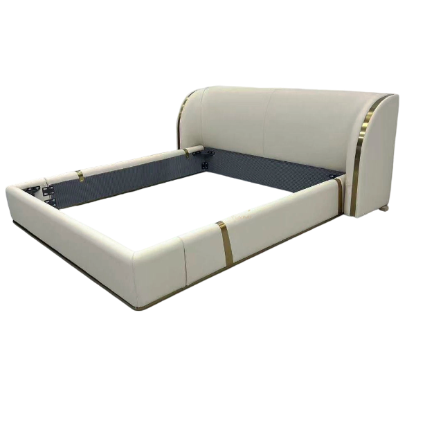 Warm Ivory Upholstered Bed with Curved Headboard and Gold Trim