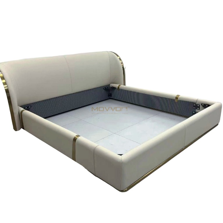 Warm Ivory Upholstered Bed with Curved Headboard and Gold Trim