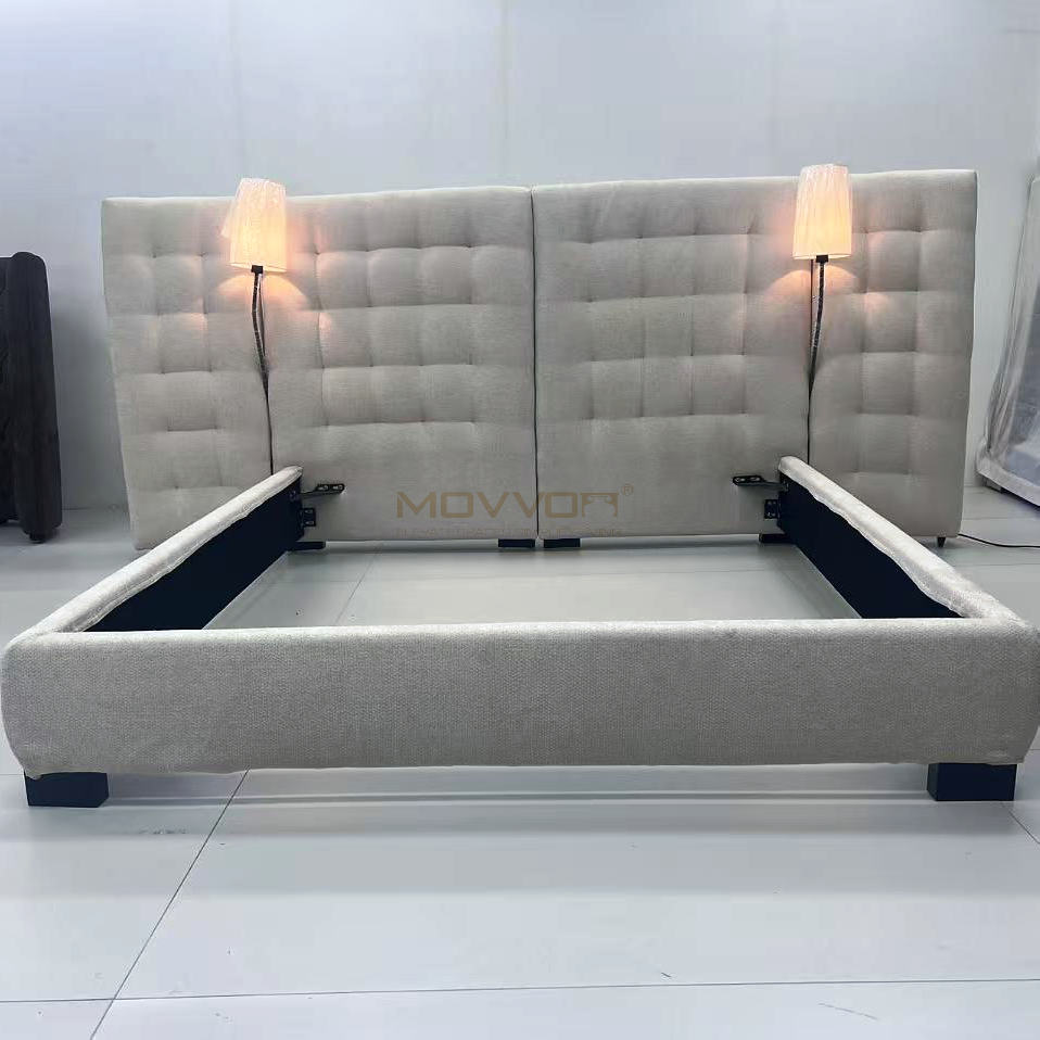 Light Beige Fabric Bed with Tufted Headboard and Reading Lamps