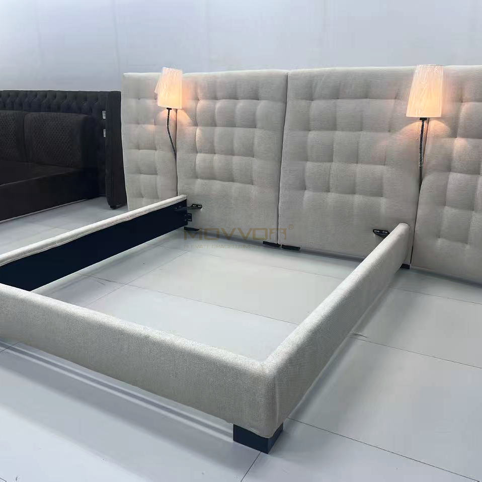Light Beige Fabric Bed with Tufted Headboard and Reading Lamps