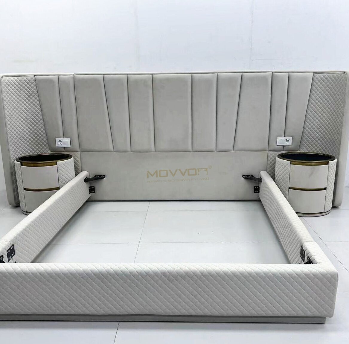 Ivory Upholstered Bed with Round Nightstands and Quilted Frame