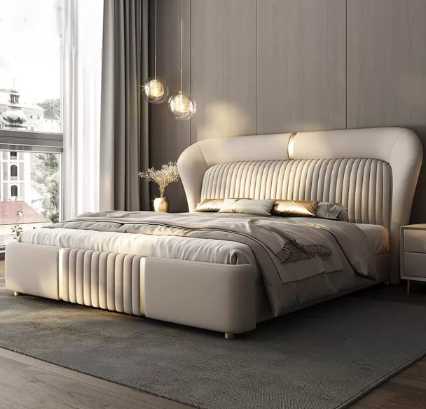 Warm Ivory Wingback Bed with Rolled Channel Headboard