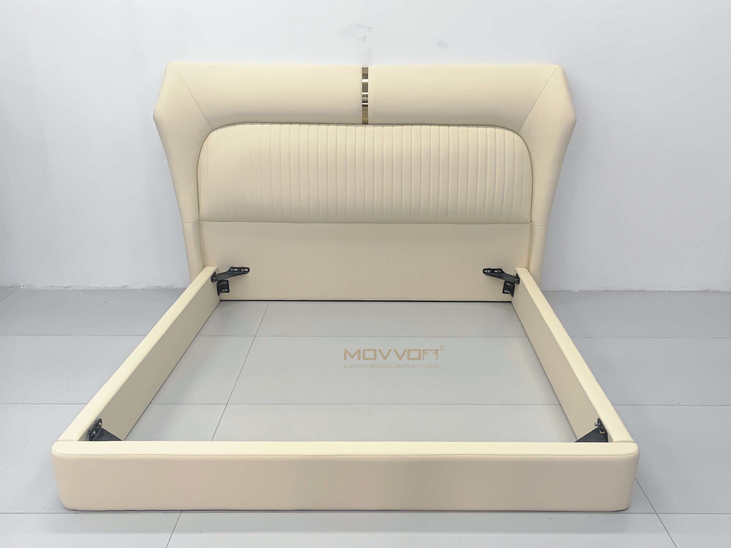 Warm Ivory Wingback Bed with Rolled Channel Headboard