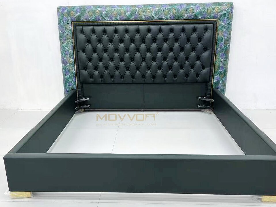 Dark Green Botanical Frame Tufted Bed with Low Platform Base