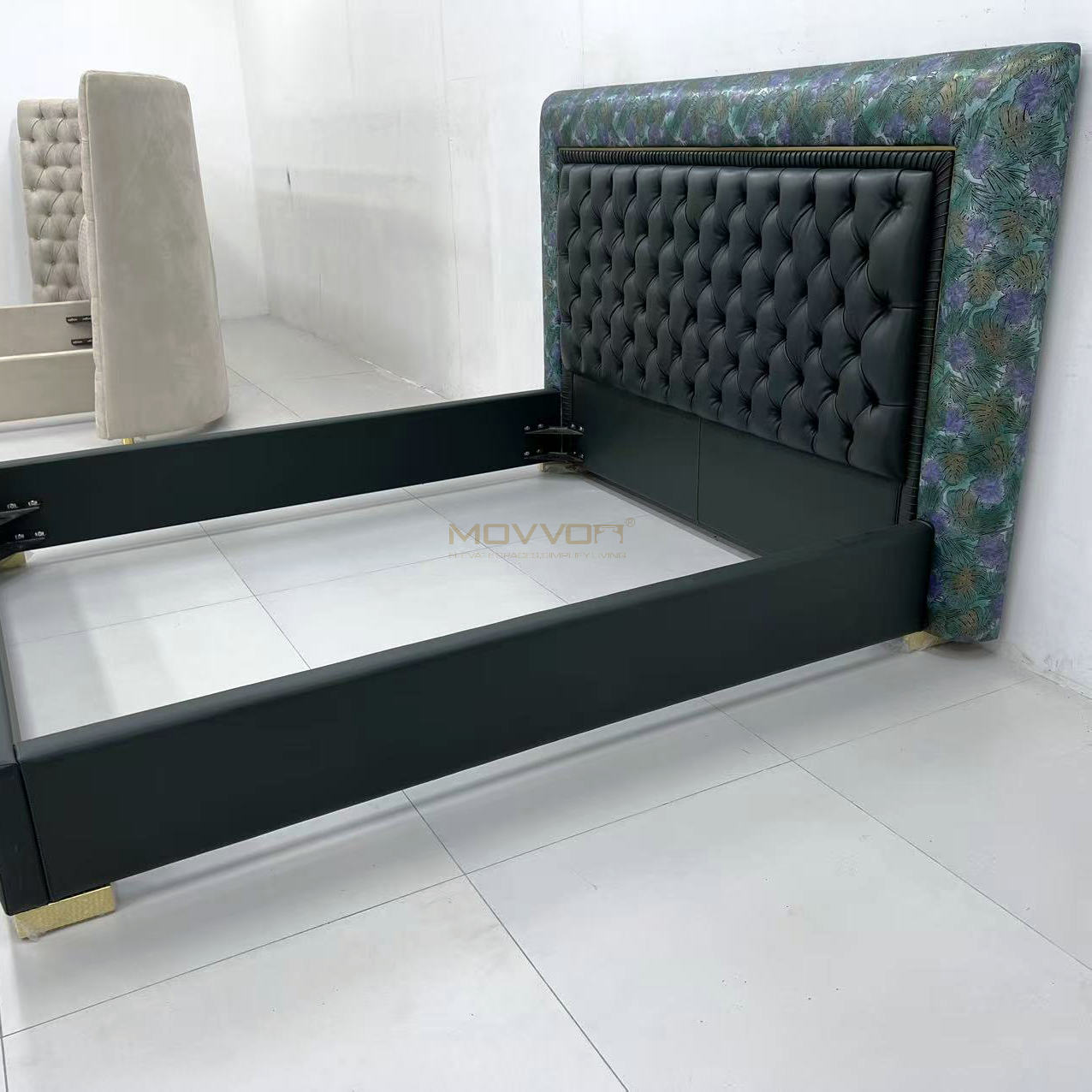 Dark Green Botanical Frame Tufted Bed with Low Platform Base