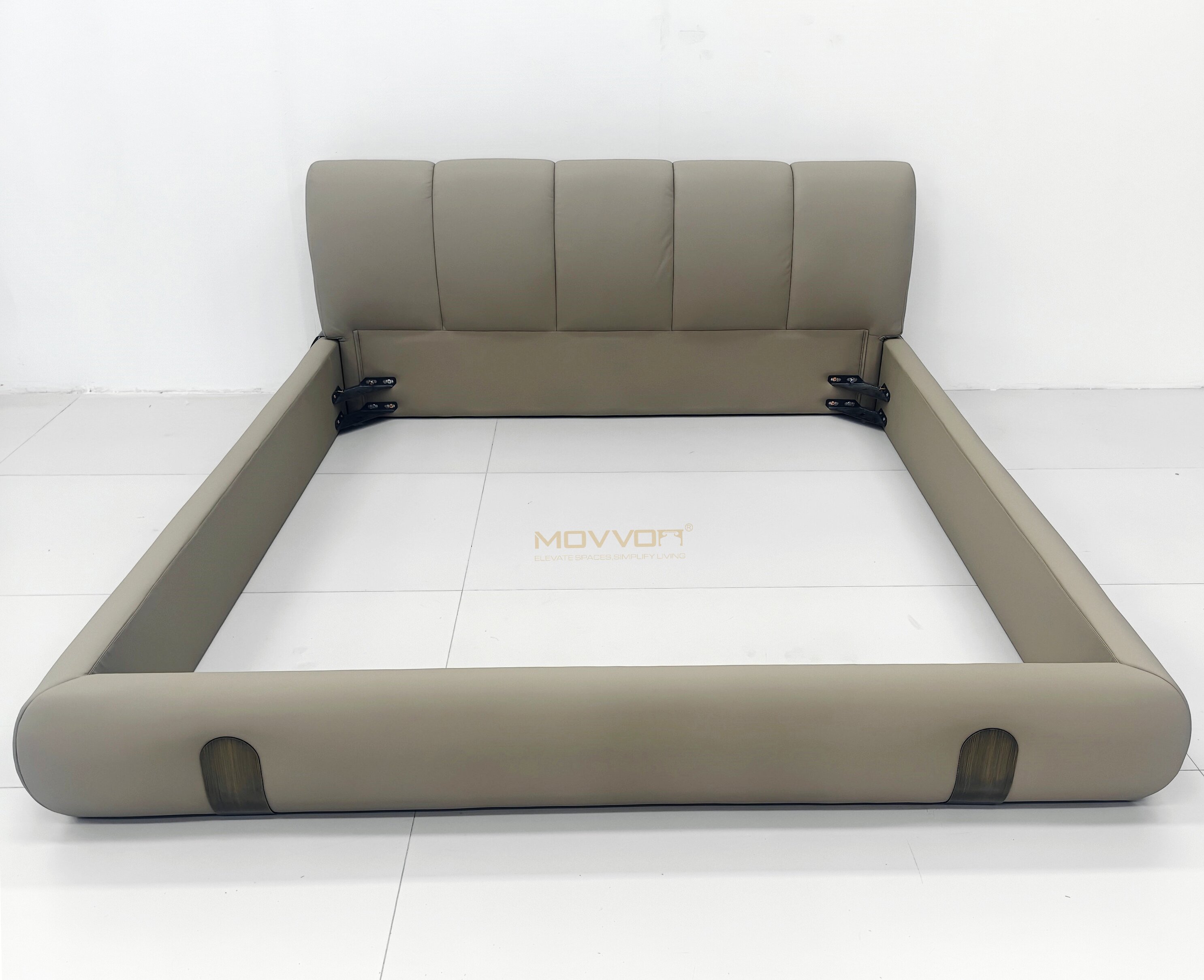 Greige Rounded Upholstered Bed with Segmented Cushion Headboard