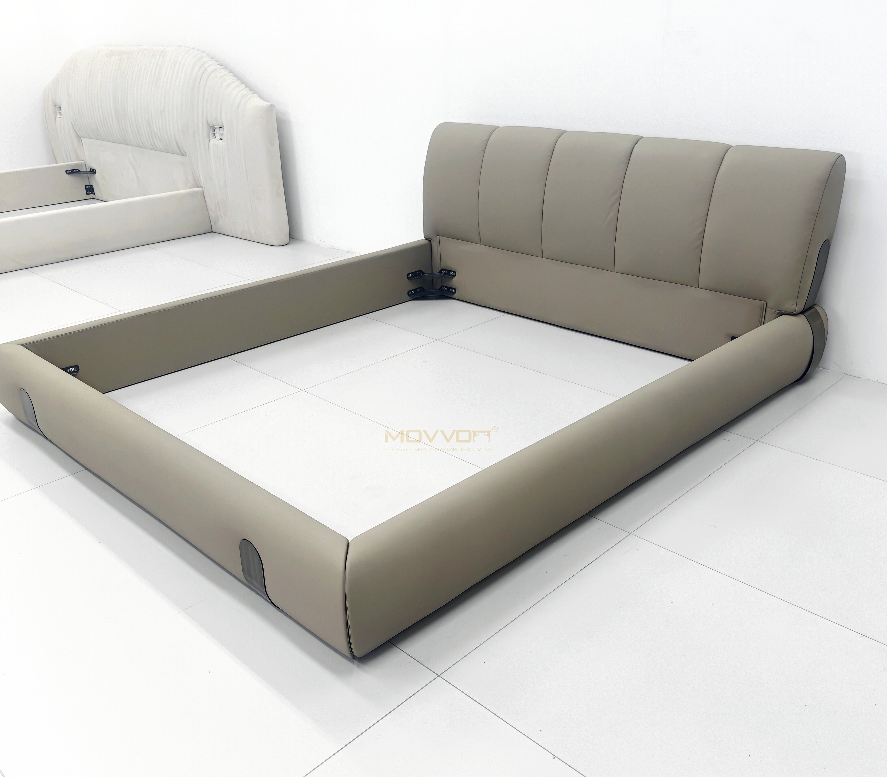 Greige Rounded Upholstered Bed with Segmented Cushion Headboard