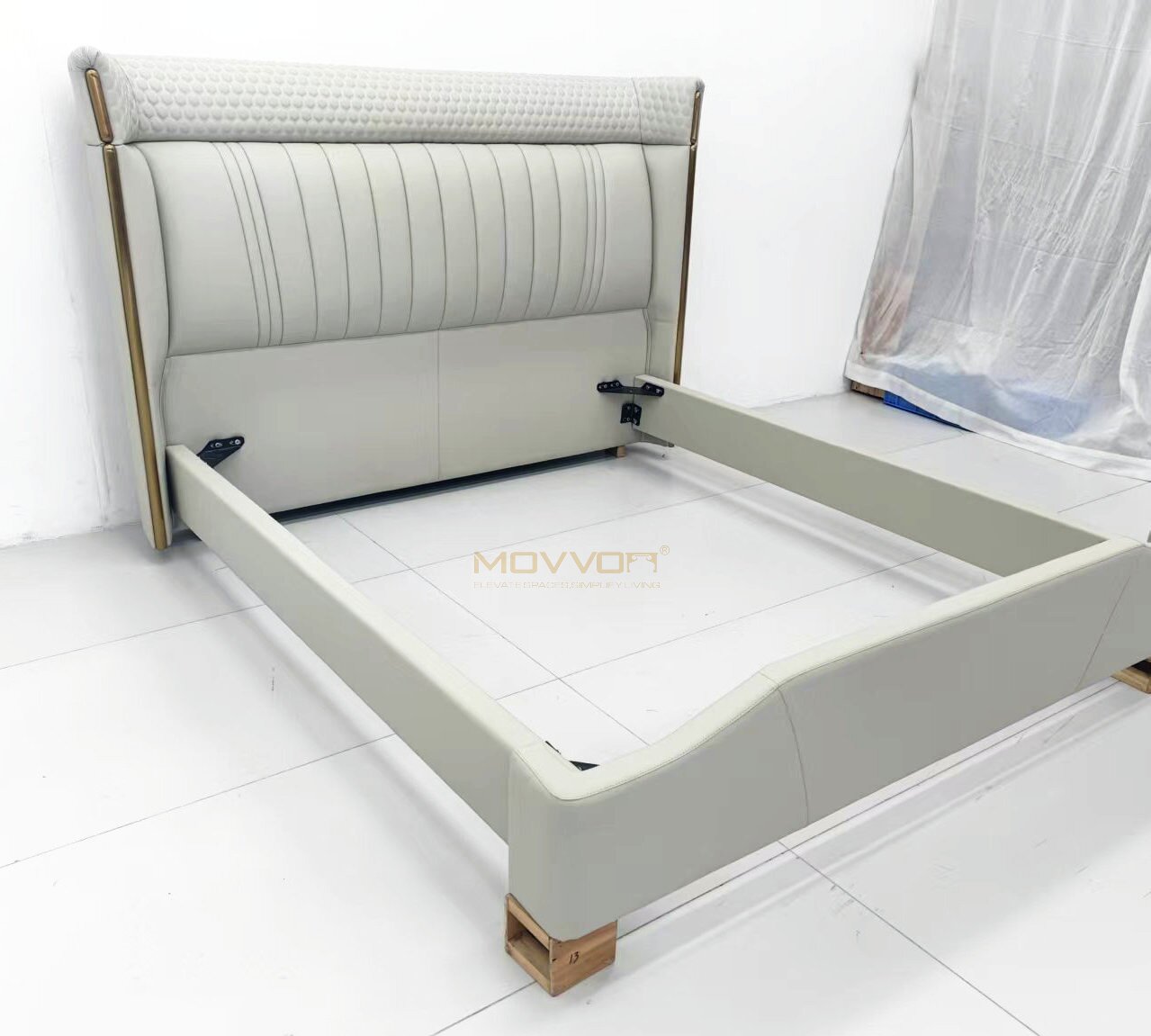 Ivory-Grey Pleated Upholstered Bed with Textured Headboard and Gold Side Rails