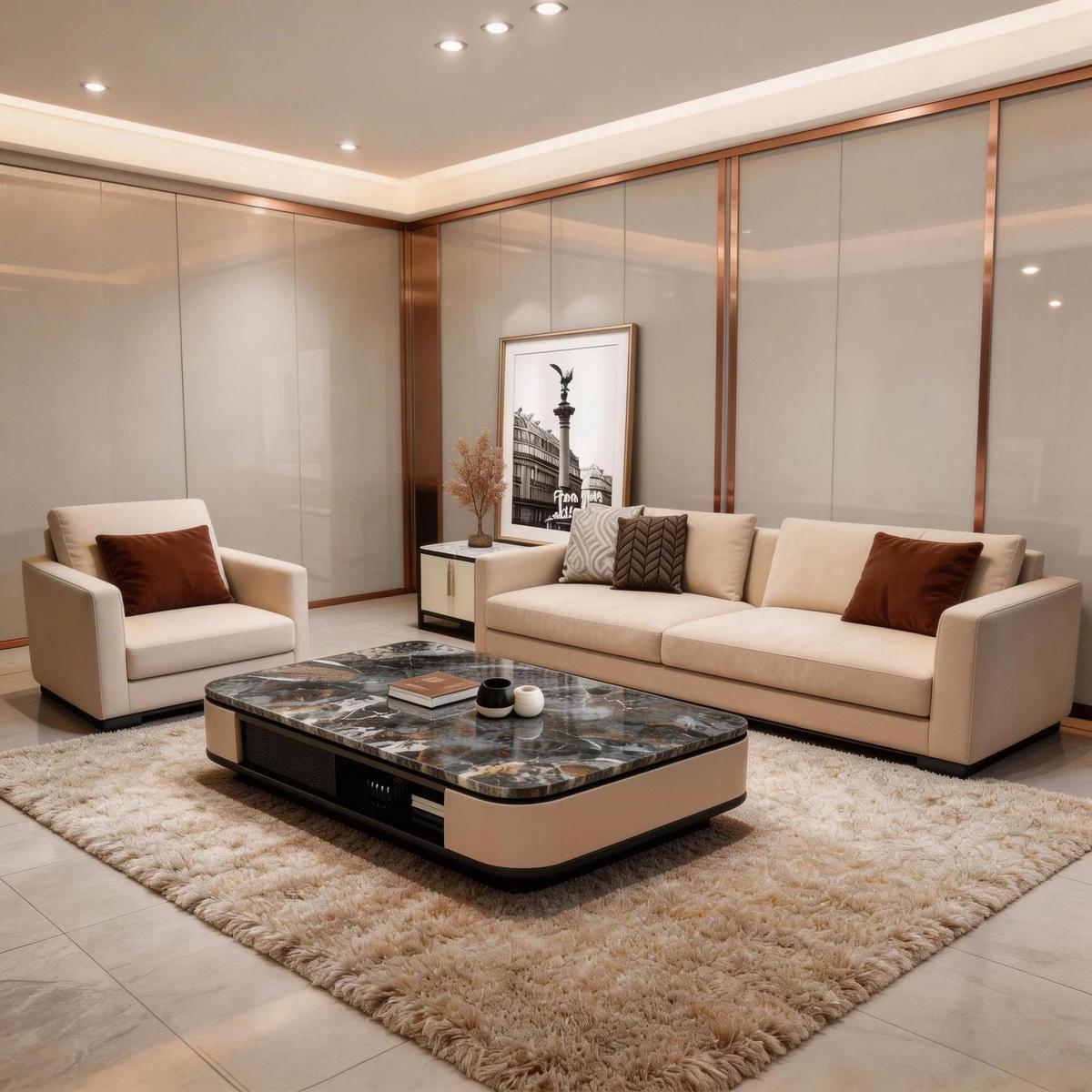 Cream Black Luxury Coffee Table with Marble Top and Display Shelf