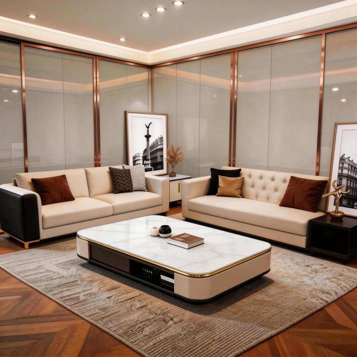 Cream Black Luxury Coffee Table with Marble Top and Display Shelf