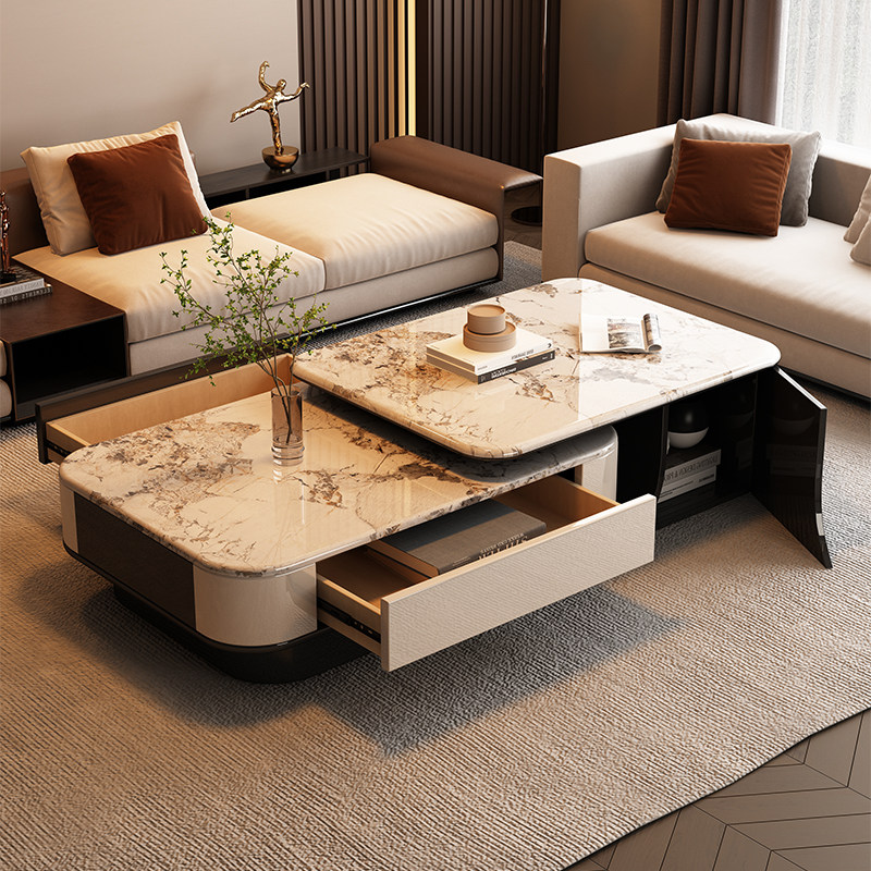 Offset Layered Marble Coffee Table with Drawer and Side Cabinet