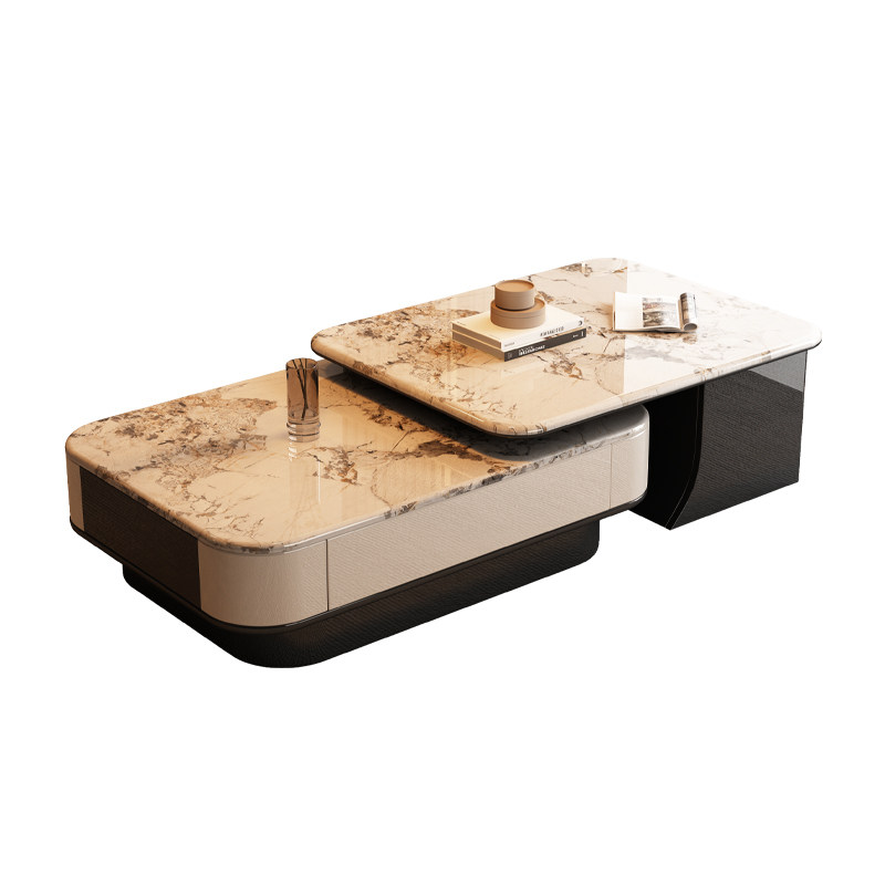 Offset Layered Marble Coffee Table with Drawer and Side Cabinet