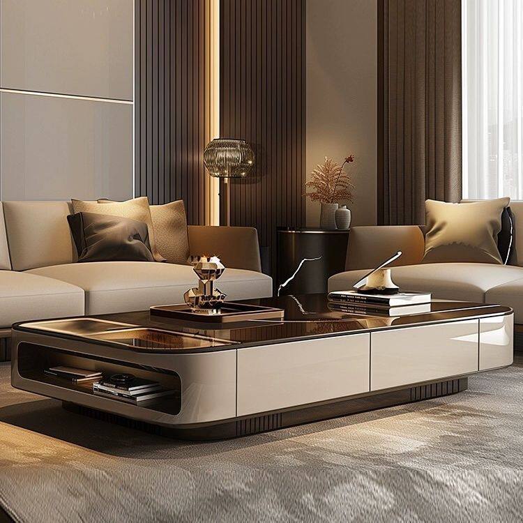 Low Console Coffee Table with Illuminated Side Display Niche