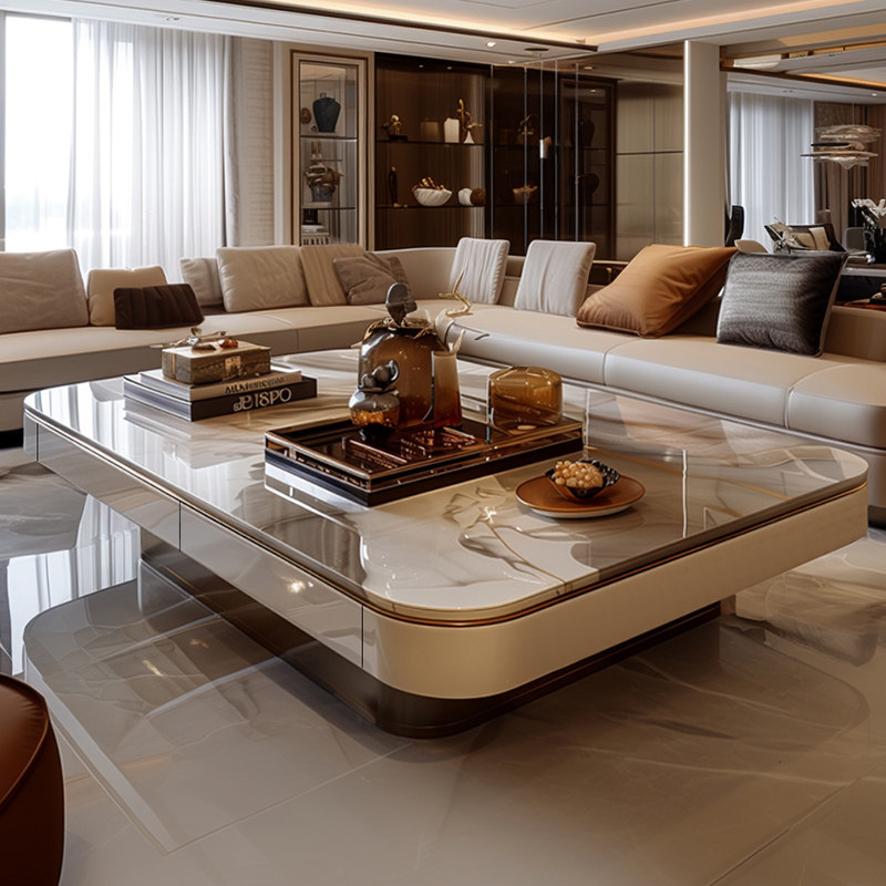 Multi-Side Drawer Coffee Table with Rounded Marble Top