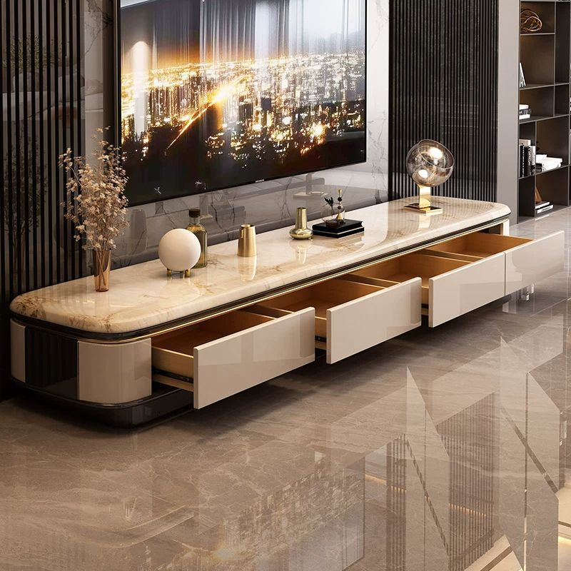 TV-Matching Low Coffee Table with Marble Top and Hidden Storage