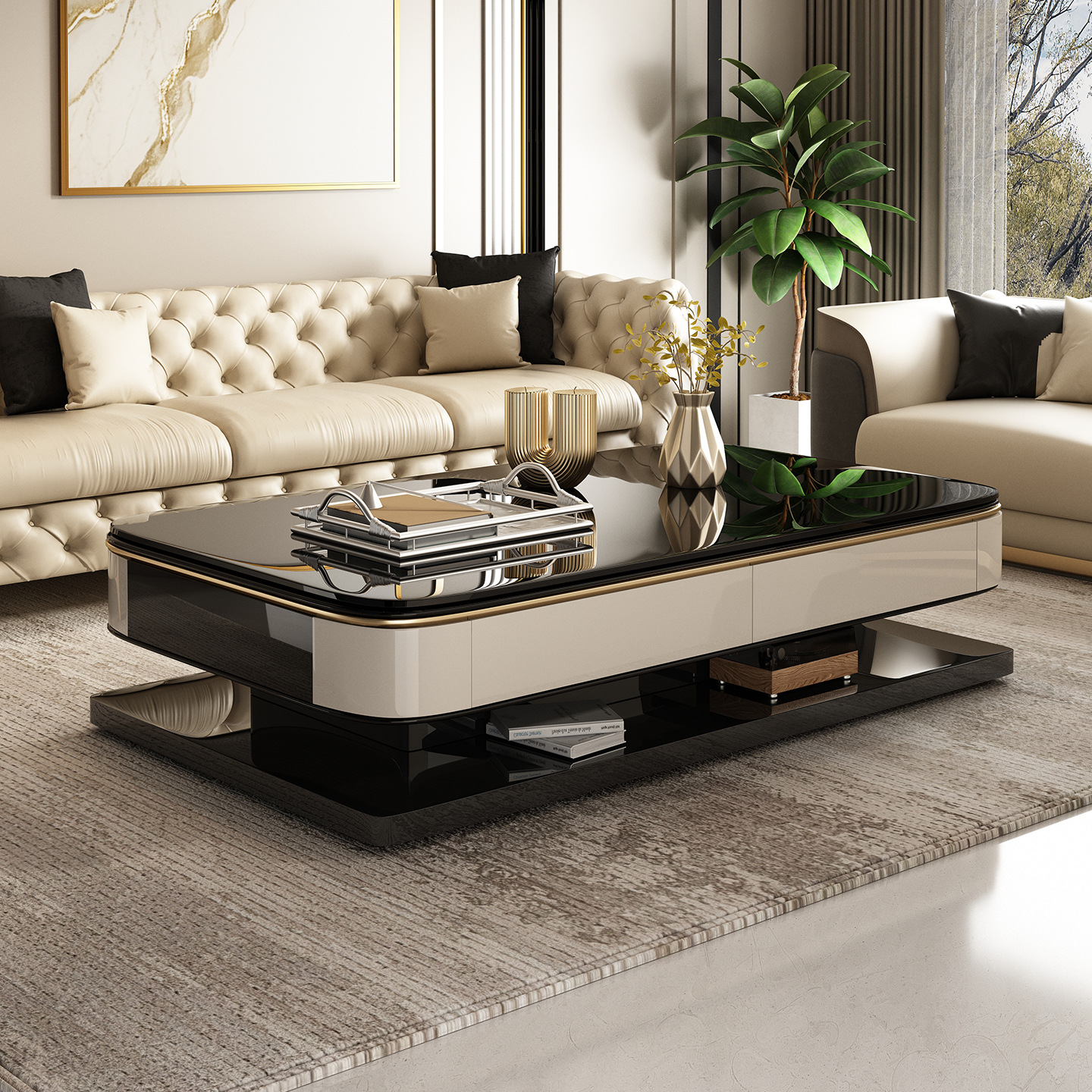 Floating Marble Slab Coffee Table with Open Gallery Base