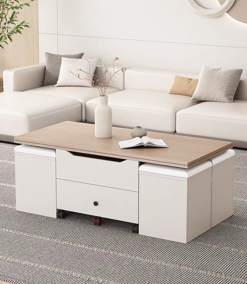 Lift-Top Table with Hidden Stools and Drawer Storage