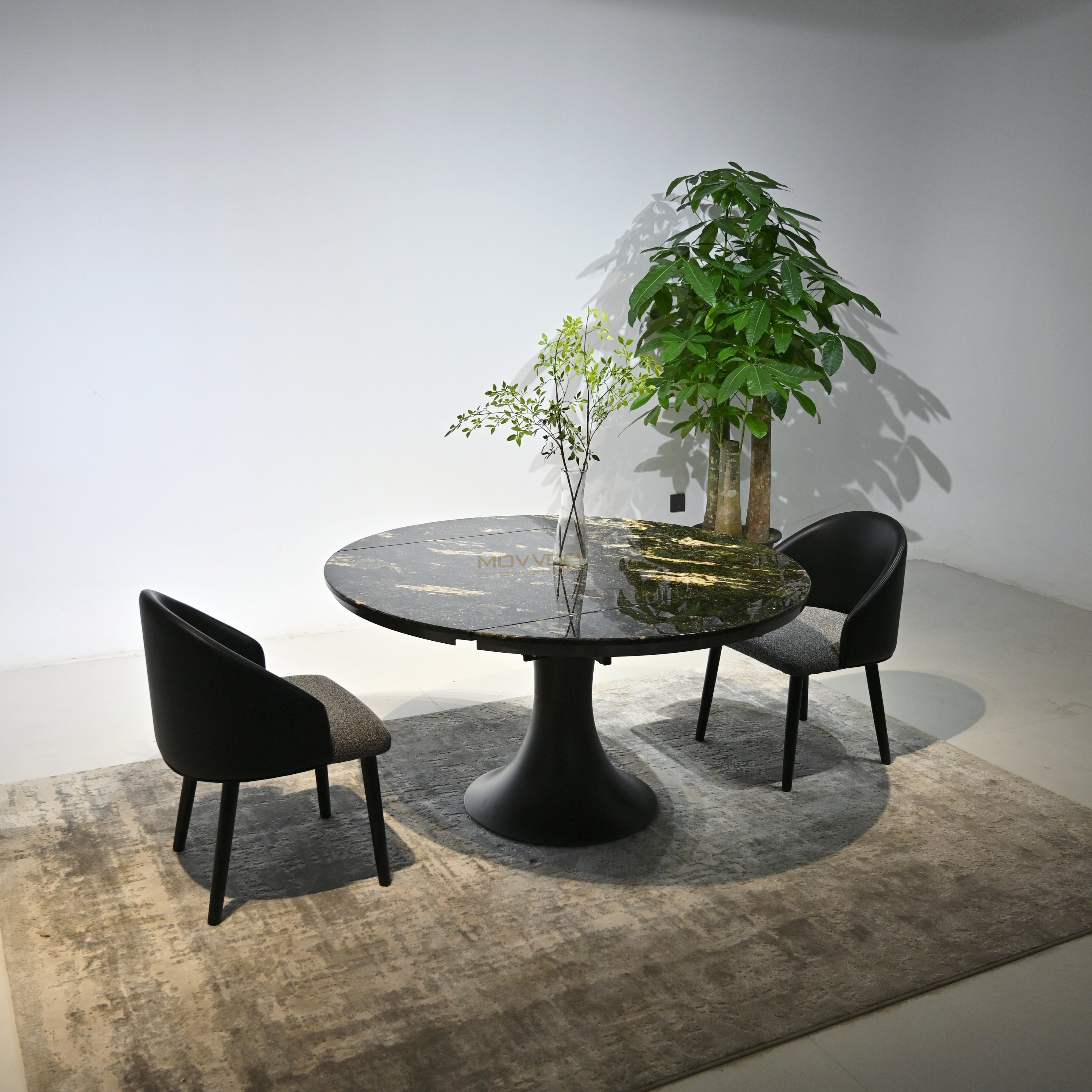 Black-Gold Luxury Stone Drop-Leaf Round Dining Table with Tulip Pedestal Base