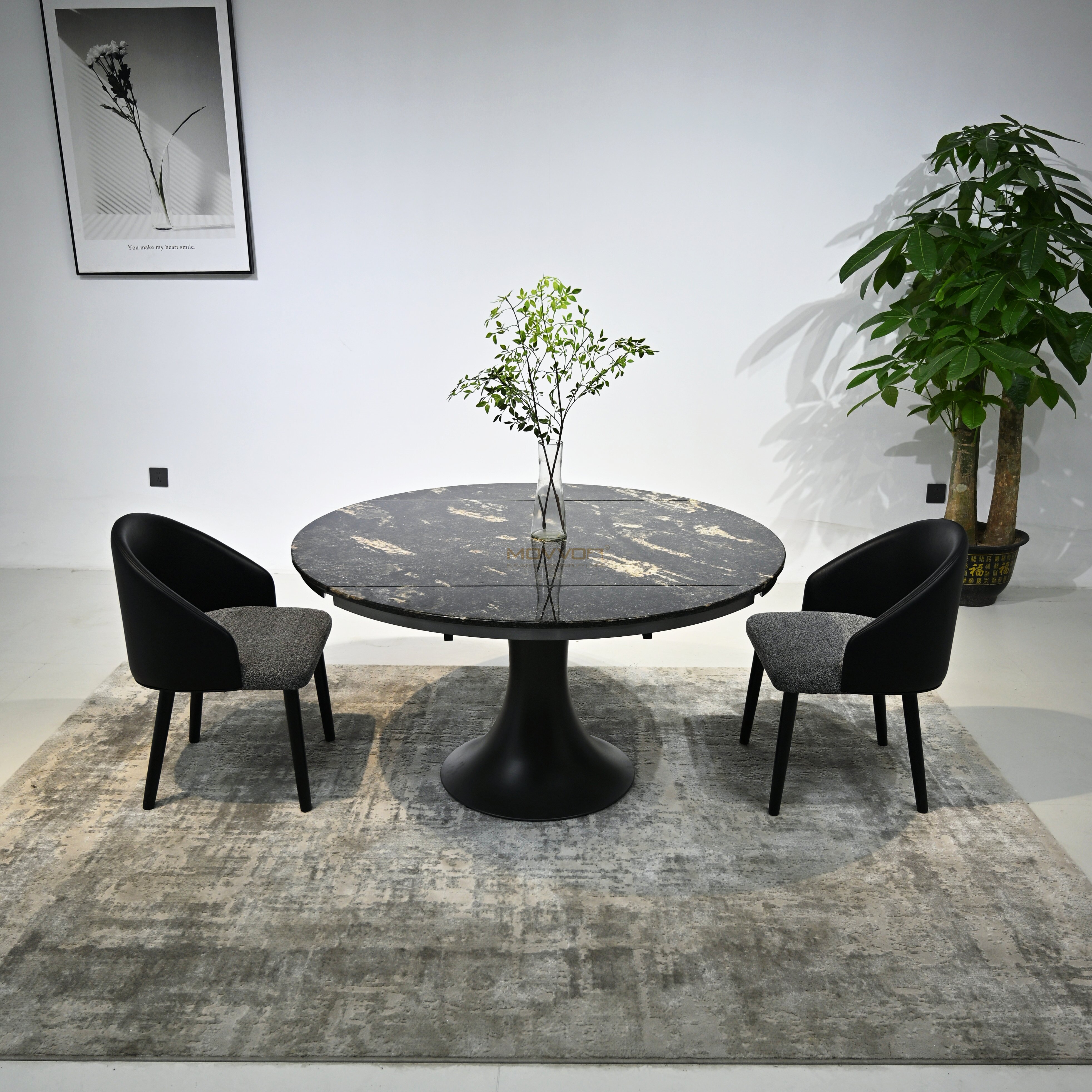 Black-Gold Luxury Stone Drop-Leaf Round Dining Table with Tulip Pedestal Base
