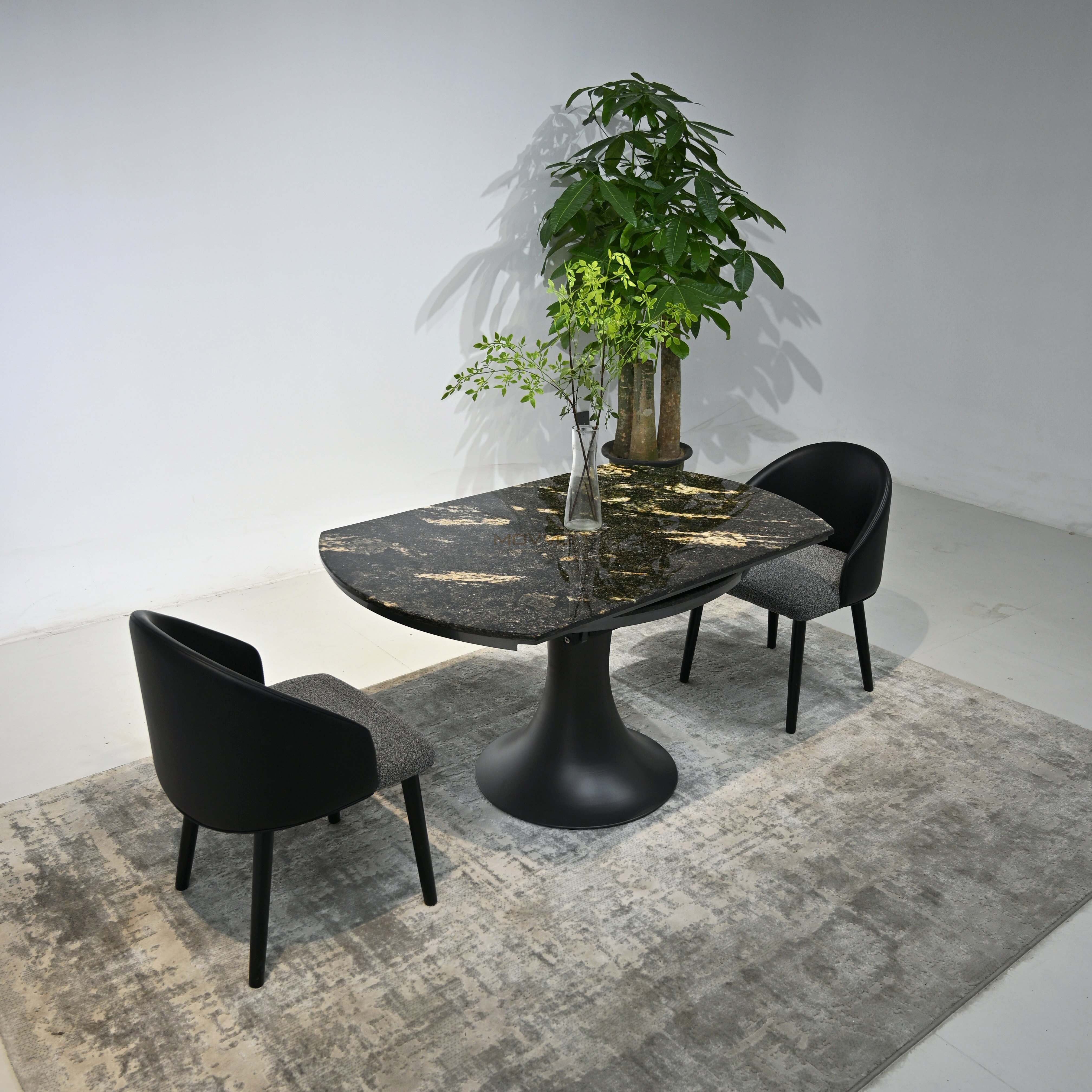 Black-Gold Luxury Stone Drop-Leaf Round Dining Table with Tulip Pedestal Base