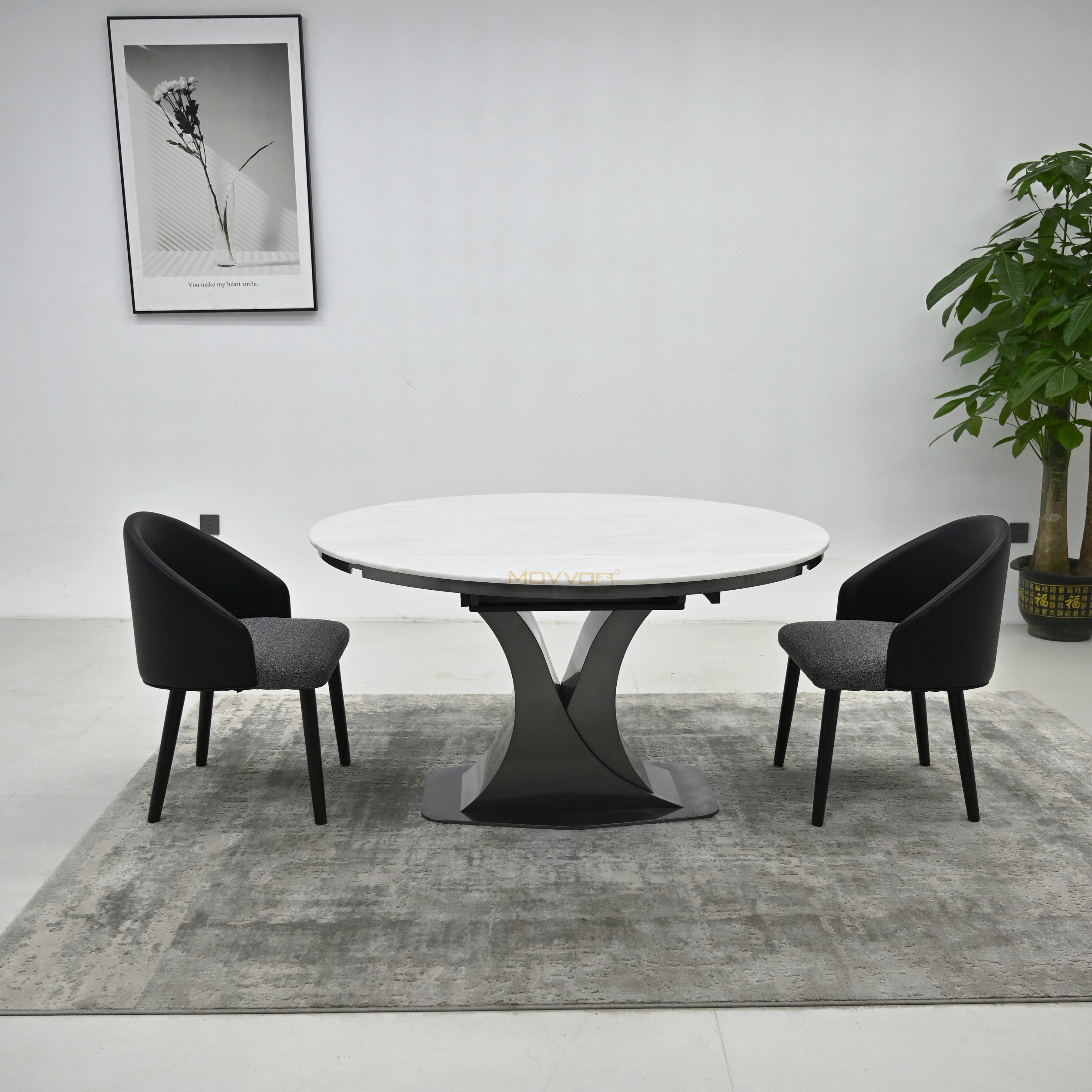 White Stone Round-Extension Dining Table with Twisted Pedestal Base