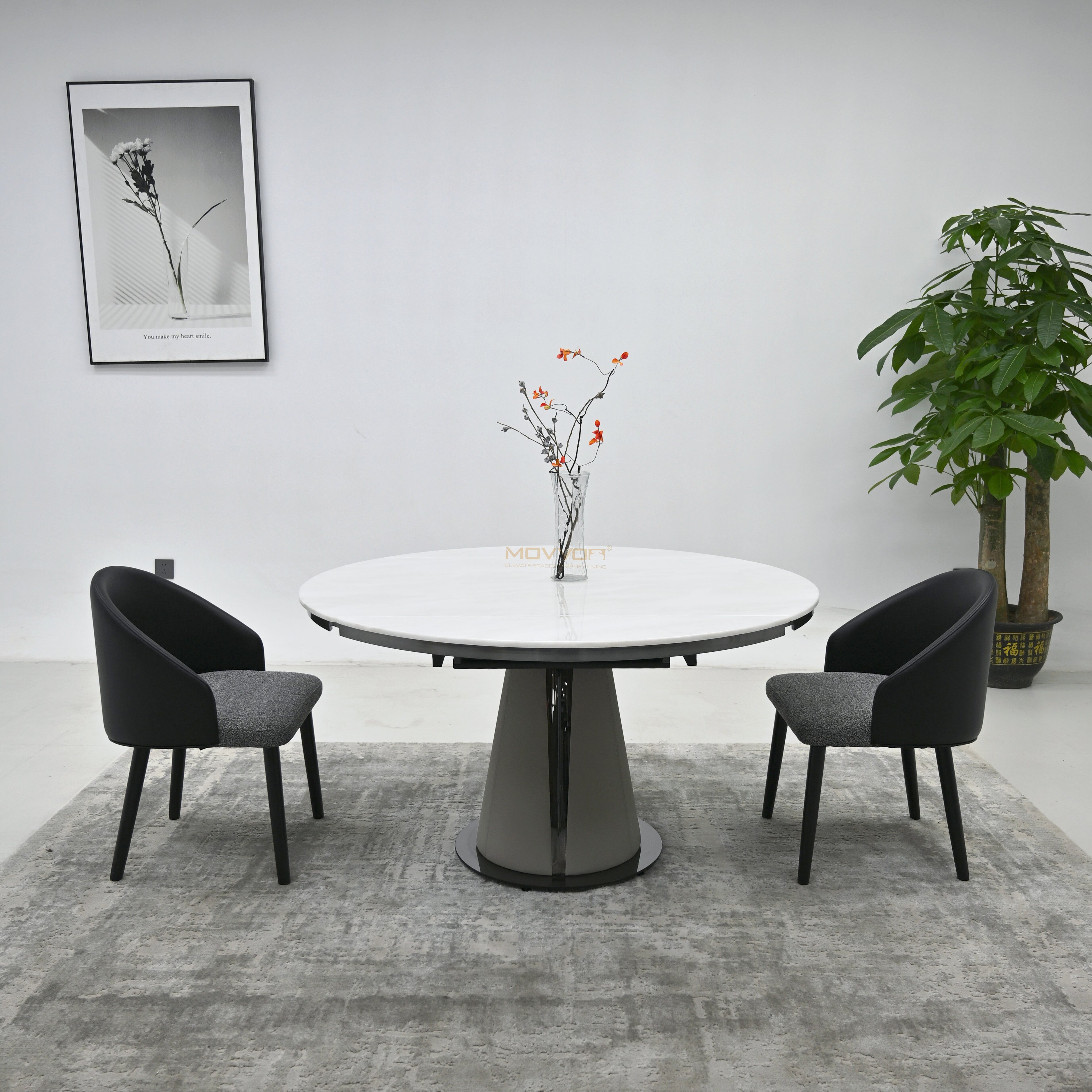 White Stone Drop-Leaf Round Dining Table with Drum Pedestal Base