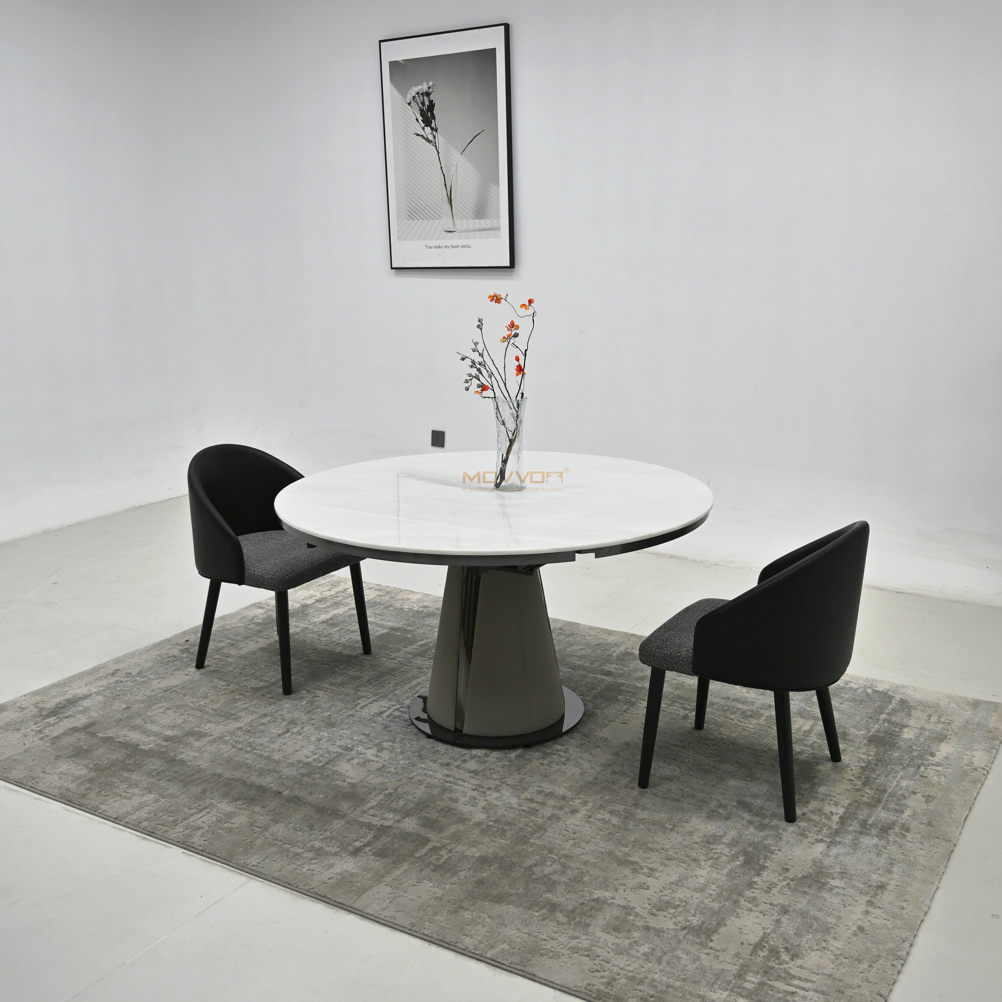 White Stone Drop-Leaf Round Dining Table with Drum Pedestal Base