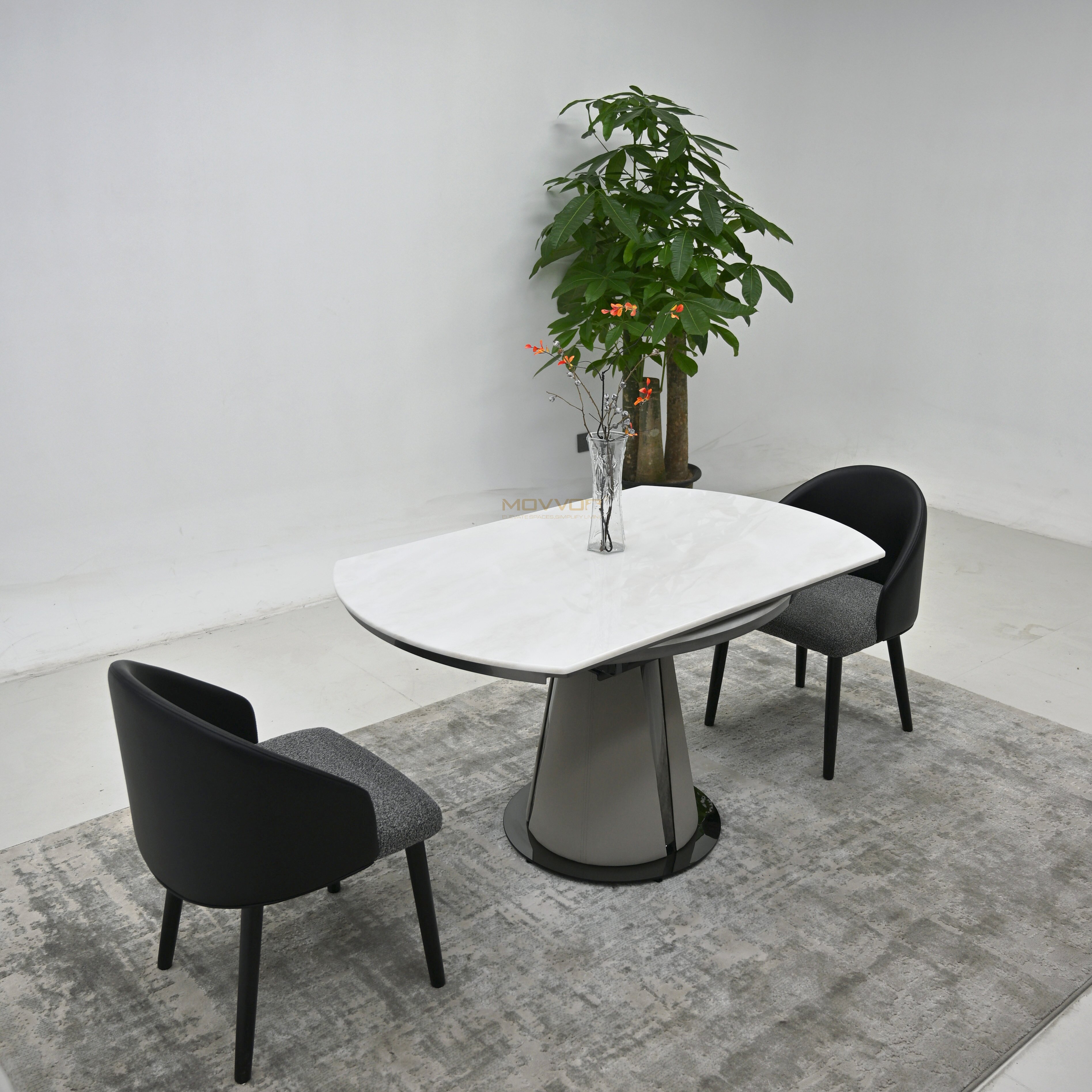 White Stone Drop-Leaf Round Dining Table with Drum Pedestal Base