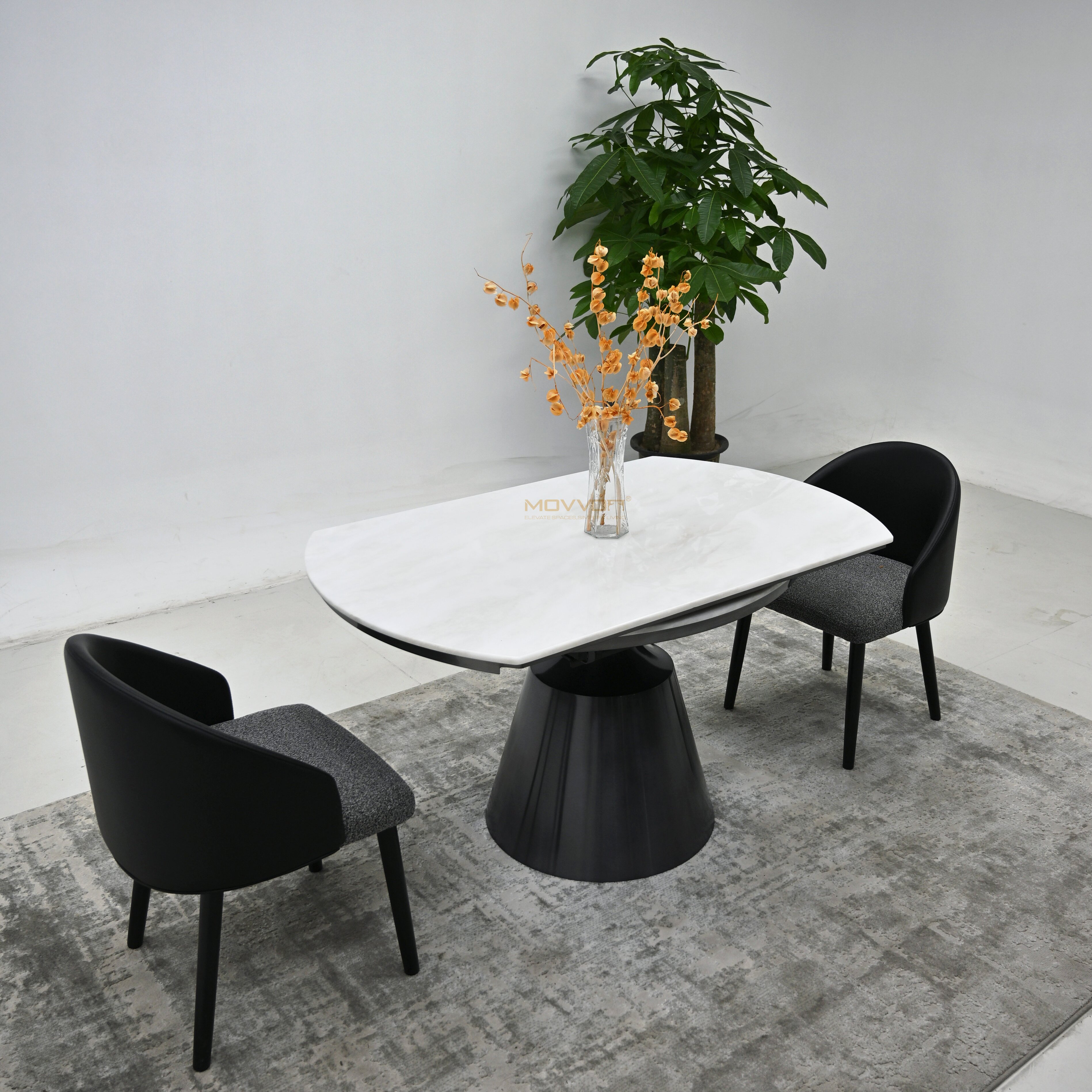 White Marble-Effect Drop-Leaf Dining Table with Fluted Cone Pedestal