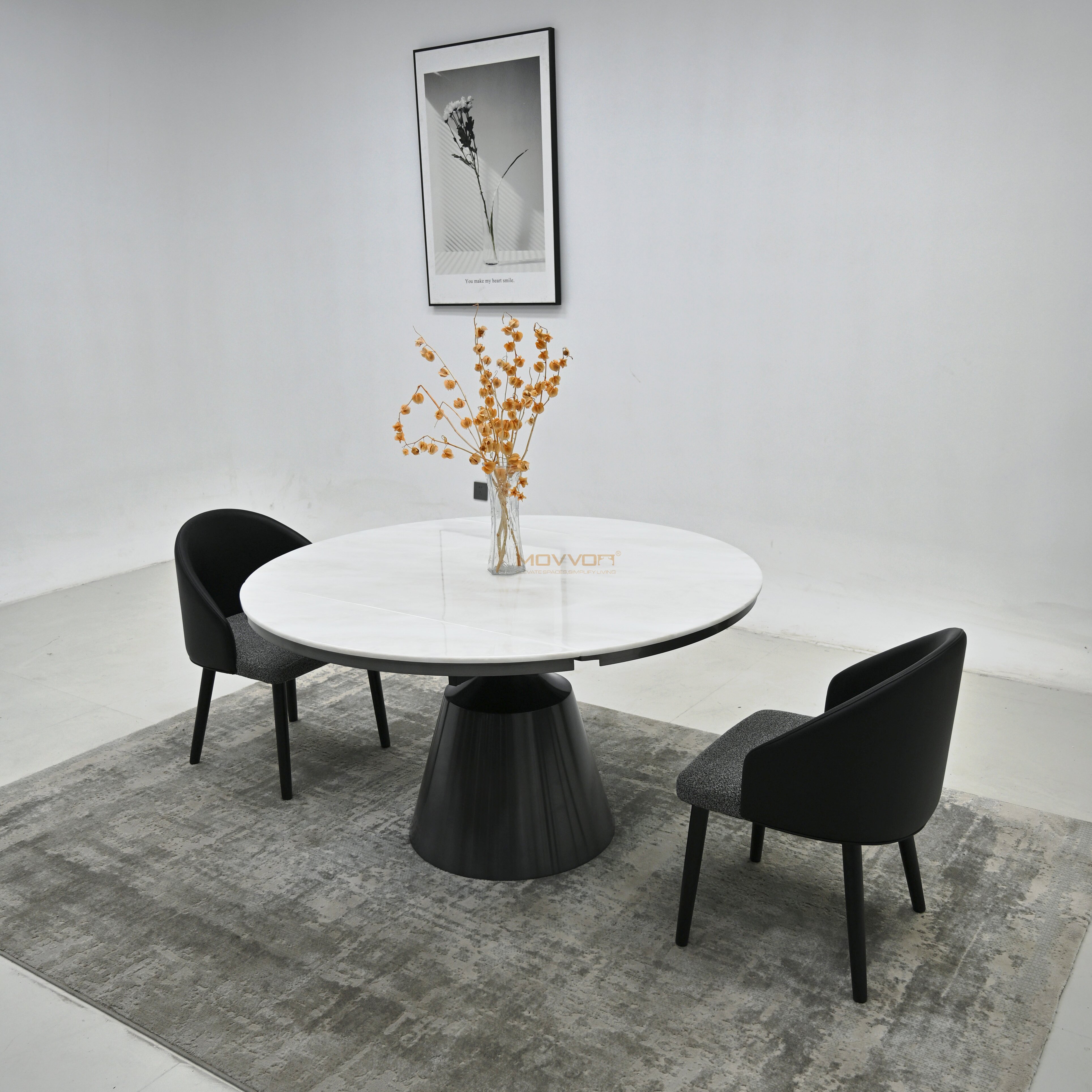 White Marble-Effect Drop-Leaf Dining Table with Fluted Cone Pedestal
