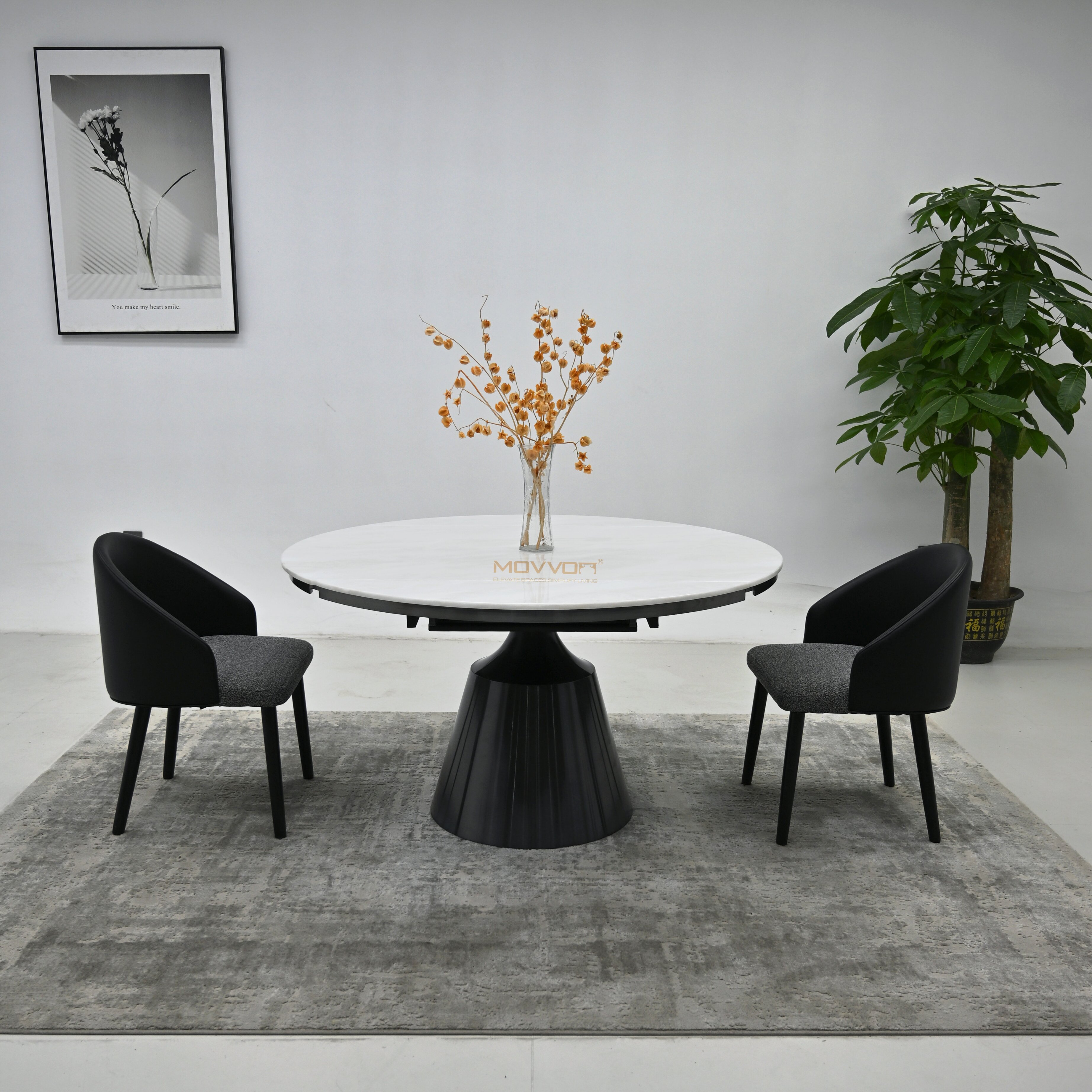 White Marble-Effect Drop-Leaf Dining Table with Fluted Cone Pedestal