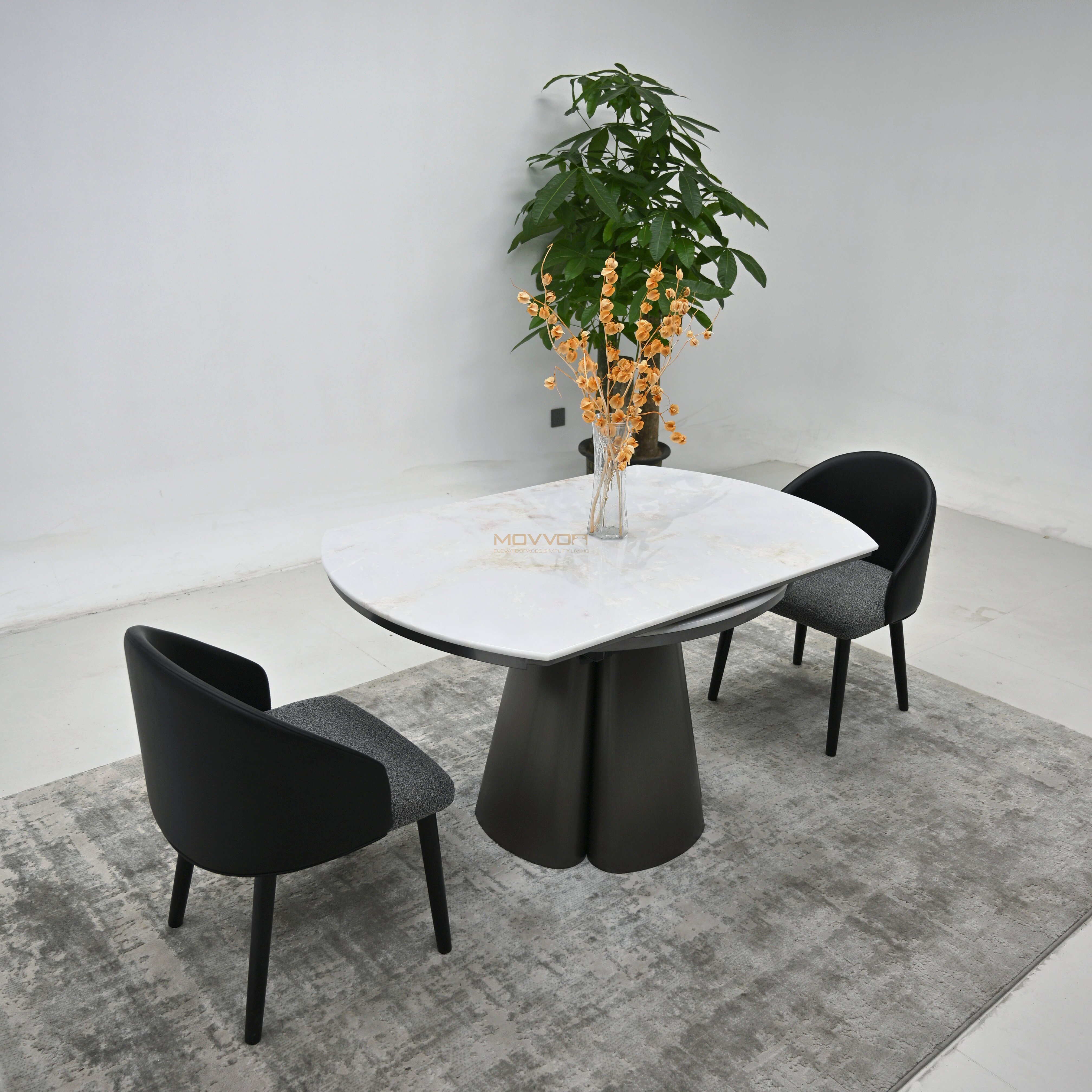 White Marble-Effect Drop-Leaf Round Dining Table with Clustered Petal Pedestal Base