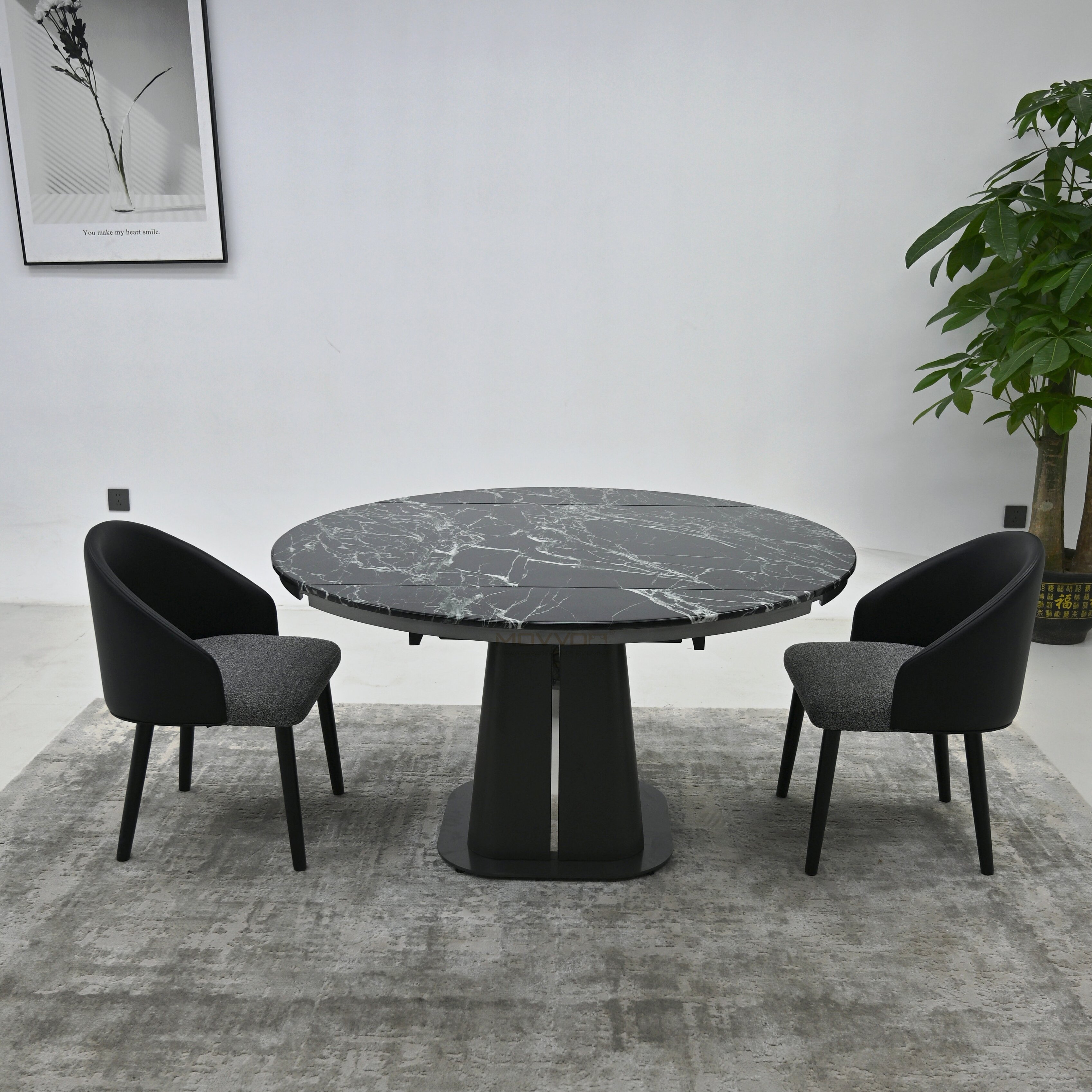 Black Veined Luxury Stone Drop-Leaf Round Table with Tapered Stainless Steel Pedestal